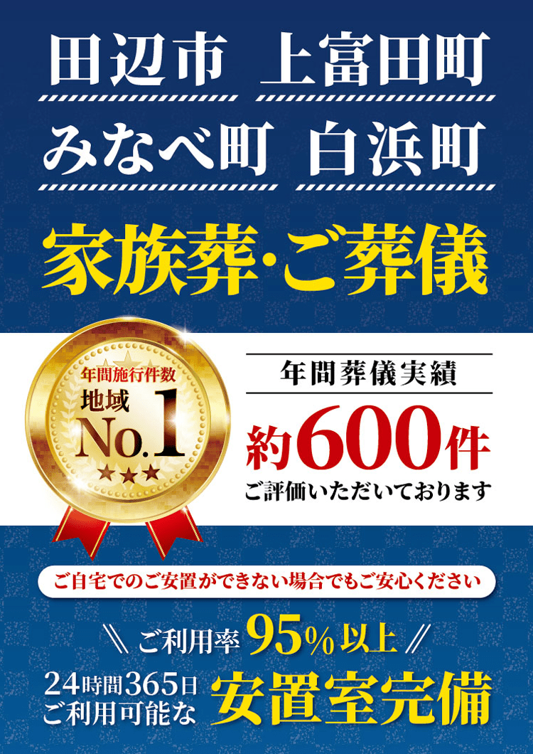 田辺市、上富田町、みなべ町、白浜町の家族葬・ご葬儀年間施行実績約600件で地域NO.1